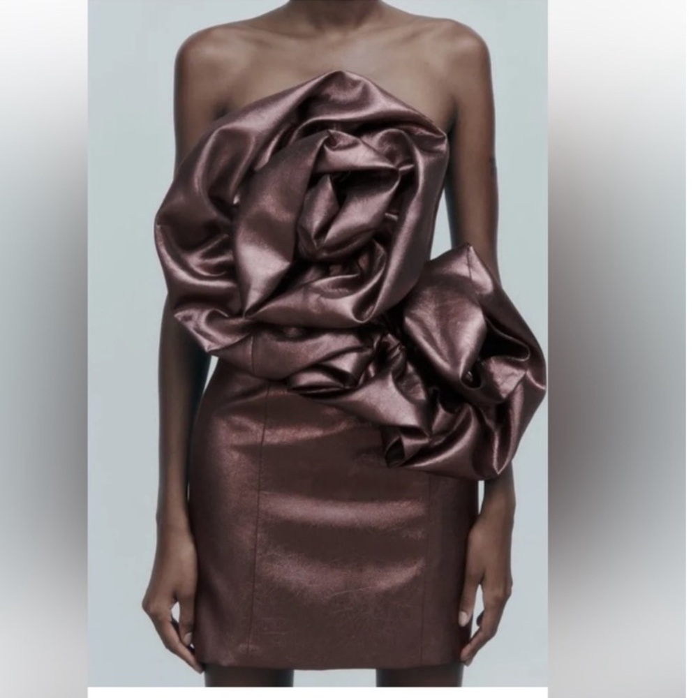 Zara bronze metallic voluminous flower mini dress